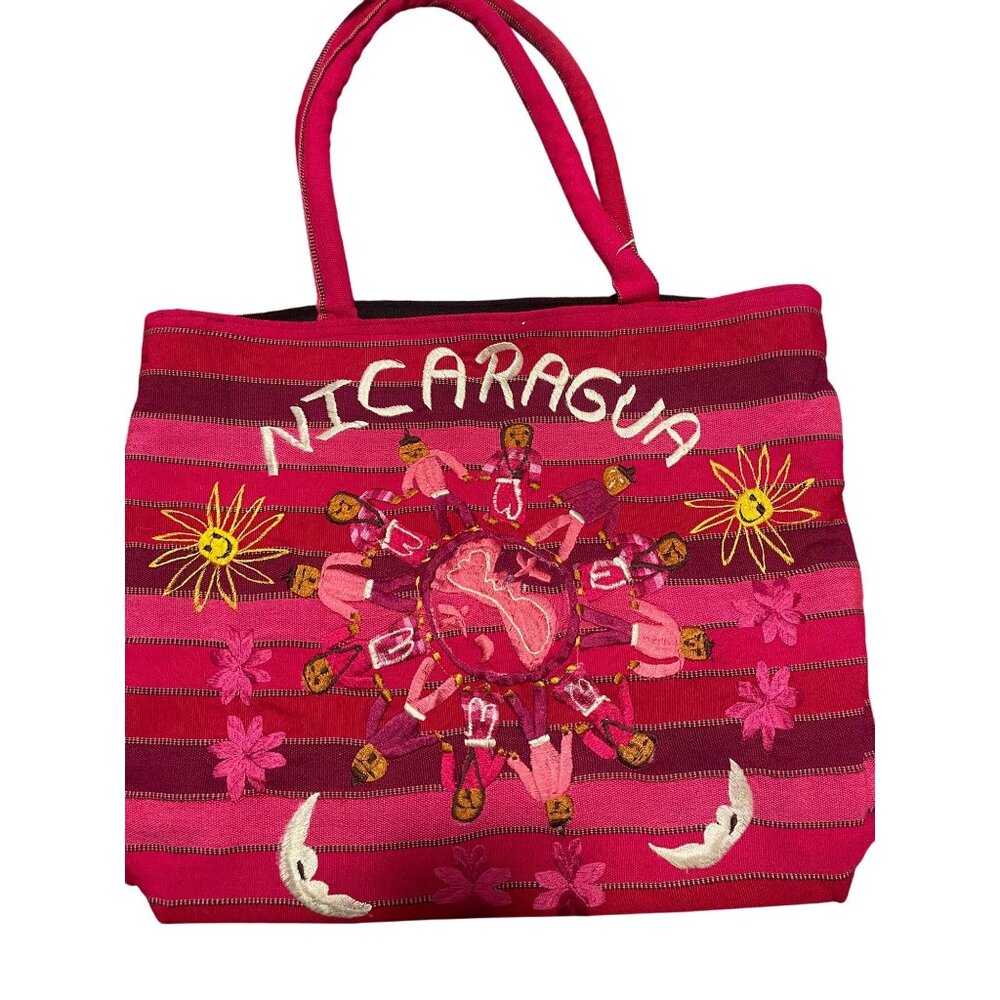 Nicaragua Pink Handmade and Woven Shoulder Tote Bag with Front Pockets